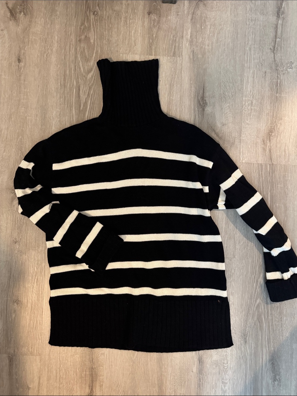 Black and White Striped Turtleneck Sweater